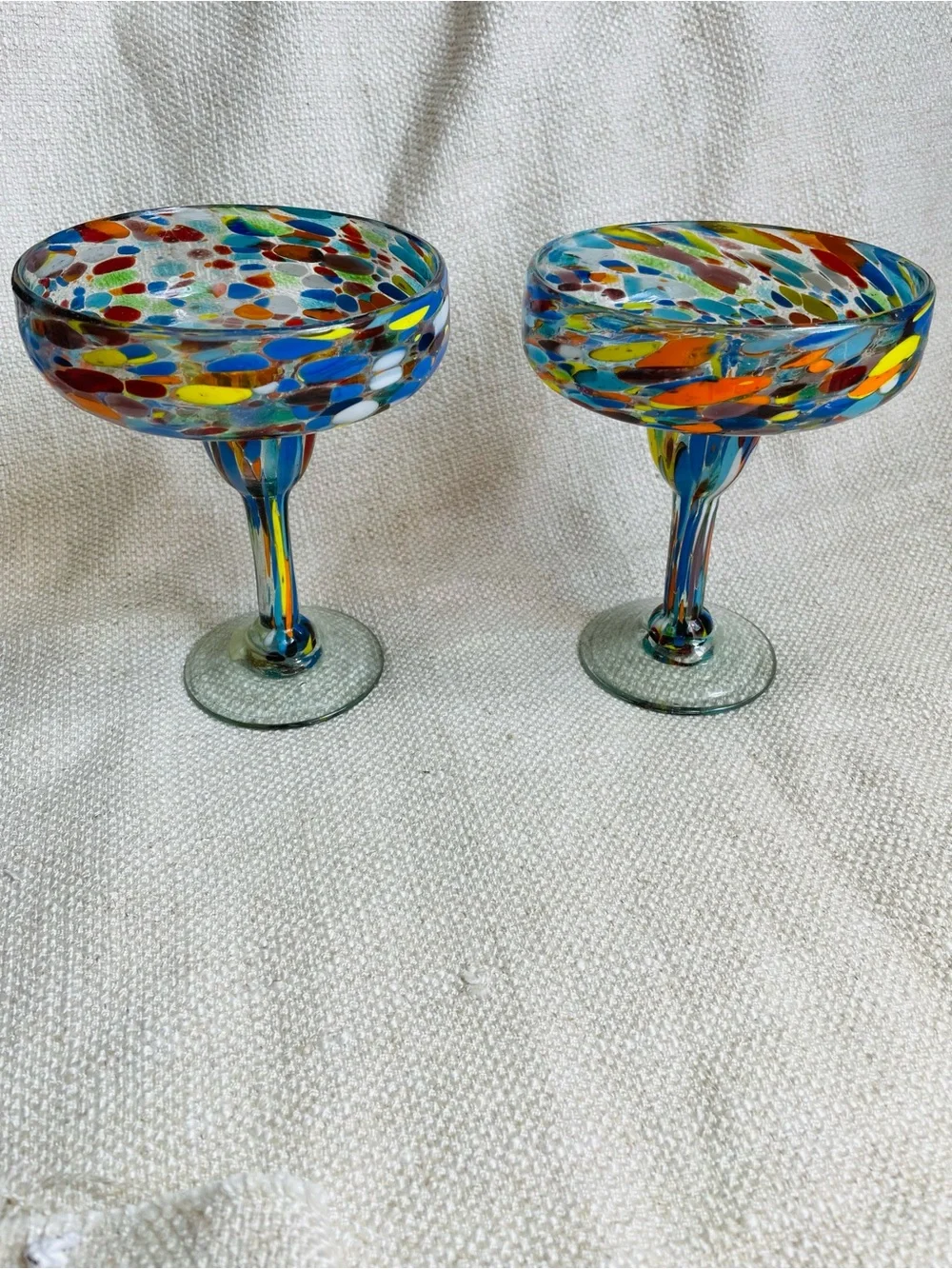 (2) Crate & Barrel Handblown Multicolor Speckled Glass Compote Martini Glasses